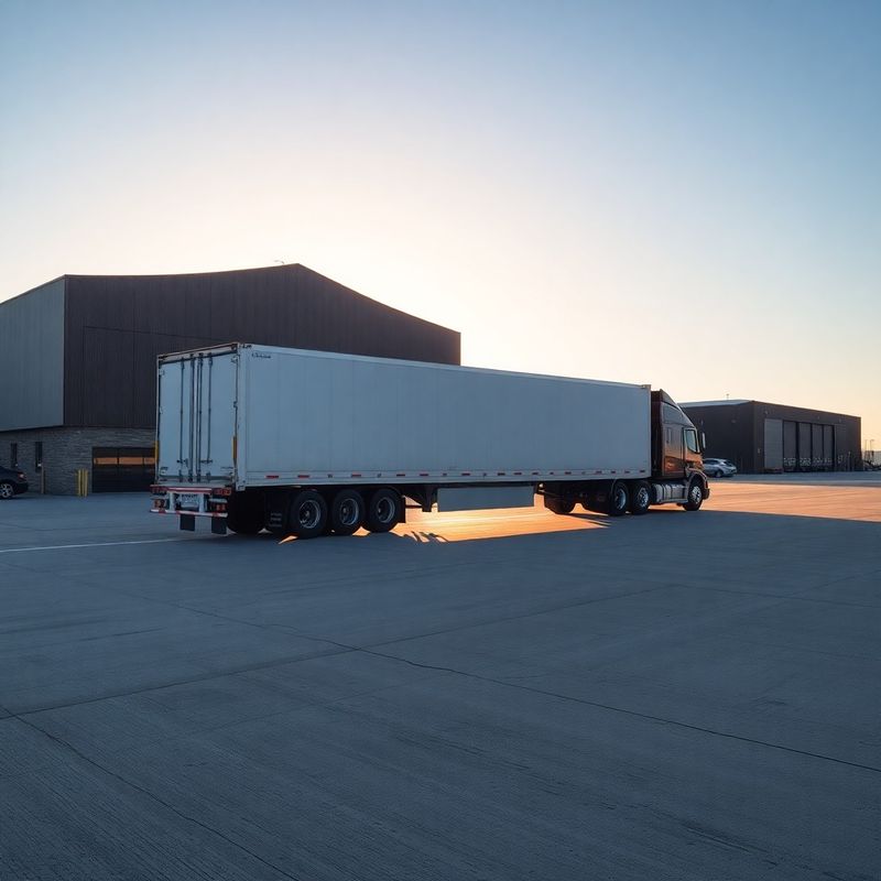 Freight truck departing Edmonton industrial terminal at dawn