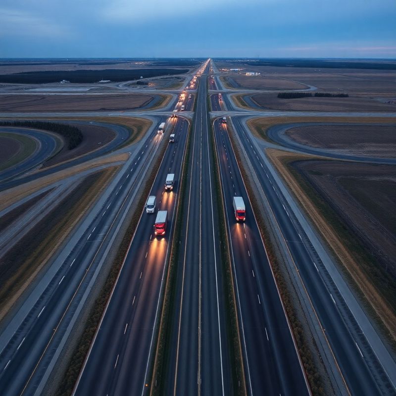 Aerial view of Canadian prairie highway interchange at dusk with freight trucks
